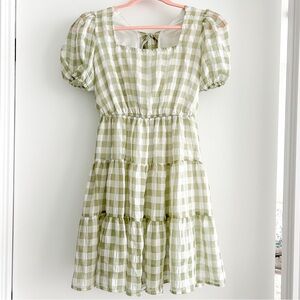 Green and white gingham cottagecore dress